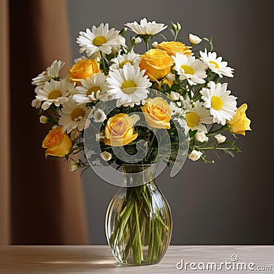 Daisy Arrangement: Yellow And White Flowers In A Beautiful Vase Stock Photo