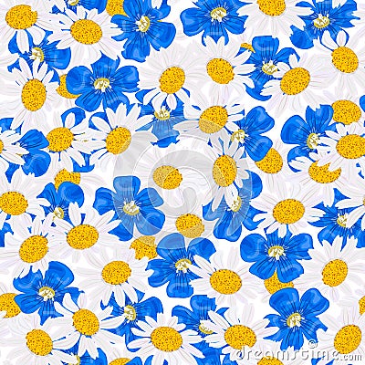 Daisy and blue flowers, seamless pattern Vector. flax, chamomile wildflower heads Vector Illustration