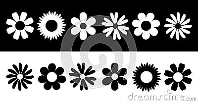 Daisy Camomile. Six chamomile silhouette shape icon line set. Cute round flower plant nature collection. Love symbol. Growing Vector Illustration