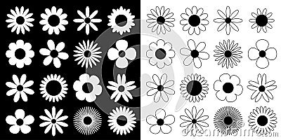 Daisy chamomile silhouette icon. Camomile super big set. Cute round flower head plant collection. Love card symbol. Growing Vector Illustration