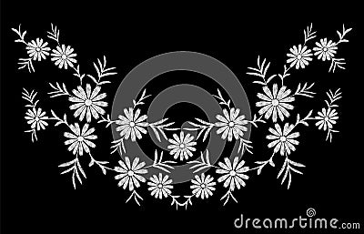 Daisy embroidery print texture flower arrangement leaves. Vector Illustration