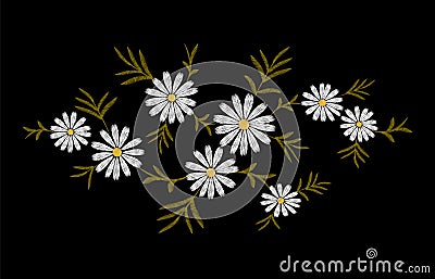 Daisy embroidery print texture flower arrangement leaves. Fashion ornament decoration vintage floral black background Vector Illustration