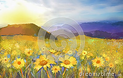 Daisy flower blossom. Oil painting of a rural sunset landscape with a golden daisy field. Stock Photo