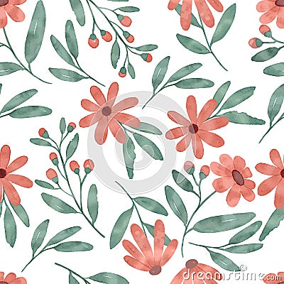 Daisy flower pattern watercolor design with orange pastel color and green leaf Stock Photo