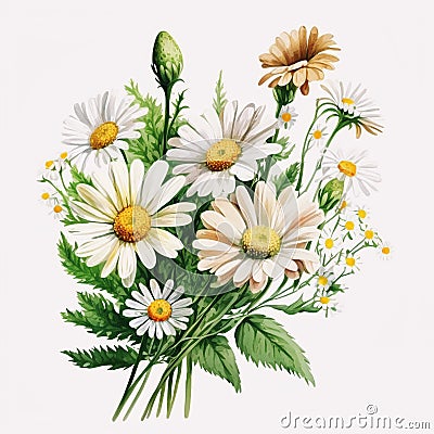 Daisy Flowers Bouquet Watercolor Illustration ,Spring Flowers Cute Generative AI Cartoon Illustration