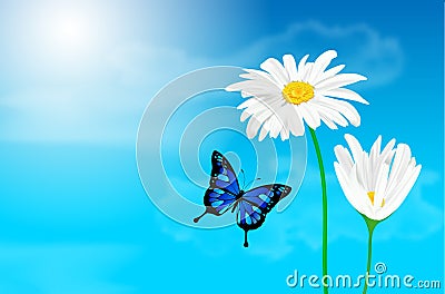 Daisy flowers and butterfly against blue sky Cartoon Illustration