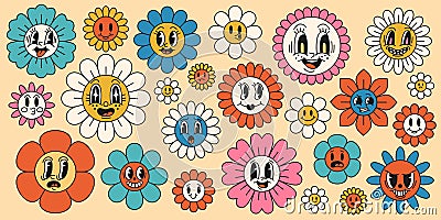 Daisy flowers with cartoon faces. Funny smiling chamomile characters, trendy retro groovy style, psychedelic hippie 60s Vector Illustration