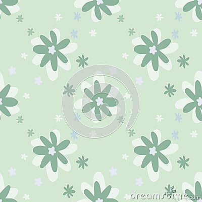 Daisy flowers seamless naivy doodle pattern. Pastel light turquoise background with dots Cartoon Illustration