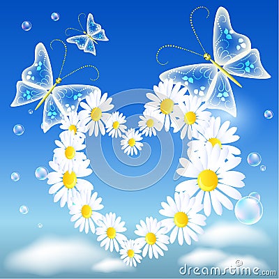 Daisy heart and butterflies Vector Illustration