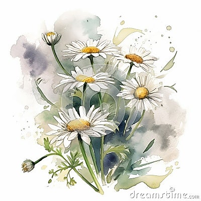 daisy illustration hand drawn painted watercolor, generative ai Cartoon Illustration