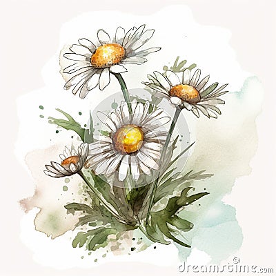 daisy illustration hand drawn painted watercolor, generative ai Cartoon Illustration