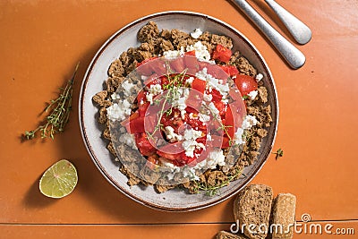 Dakos greece salad. Rusks with tomatoes and feta cheese Stock Photo