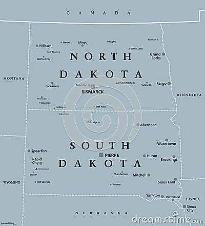 The Dakotas, US states North Dakota and South Dakota, gray political map Vector Illustration