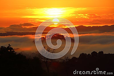 Gorgeous Orange Sunrise at Trai Mat, Dalat, Vietnam Stock Photo