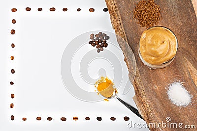 Dalgona Coffee Iced, Korean trengy fluffy creamy whipped instant coffee, frame Stock Photo