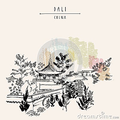 Vector Dali, China postcard. Chinese temple and garden in Dali, Yunnan province, China. Beautiful traditional park. Architectural Stock Photo