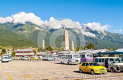 Dali three white pagodas and Cangshan Mountain. Editorial Stock Photo