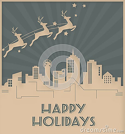 Dallas Skyline Christmas Holiday Card Art Deco Style Stock Photo