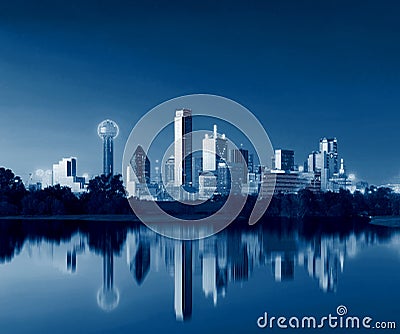 Dallas Skyline Reflection at Dawn, Downtown Dallas, Texas, USA Stock Photo