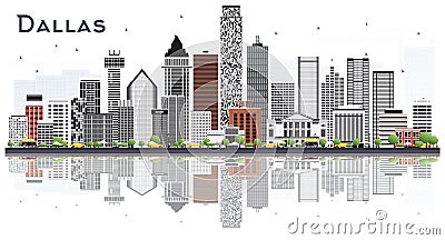 Dallas Texas City Skyline with Gray Buildings and Reflections Isolated on White Stock Photo