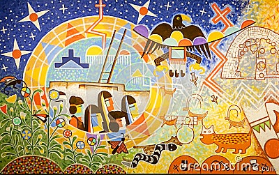 Dallas, Texas, USA: July 21, 2018: The Emergence Panel of Hopi Visions: Journey of the Human Spirit Painting by Michael Kabotie Editorial Stock Photo