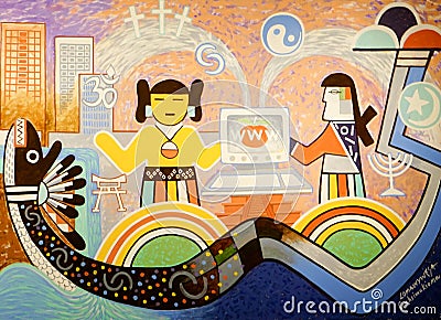 Dallas, Texas, USA: July 21, 2018: Hope: Confusion and Hope Panel of Hopi Visions: Journey of the Human Spirit Painting by Michael Editorial Stock Photo