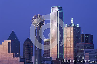 Dallas, TX skyline at night with Reunion Tower Editorial Stock Photo