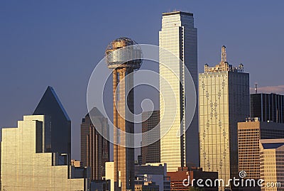 Dallas, TX skyline at sunset with Reunion Tower Editorial Stock Photo