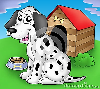 Dalmatian dog in front of kennel Cartoon Illustration