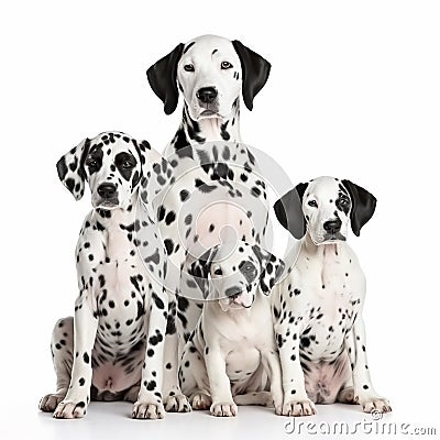 Dalmatian dog with puppies close-up portrait isolated on white. Lovely pet, loyal friend, Stock Photo