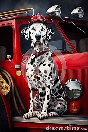Dalmatian dog sitting in front of red fire truck with fireman's hat on. Generative AI Stock Photo