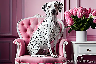 Dalmatian dog sitting on pink chair in pink room ,creative art. Generative AI Stock Photo