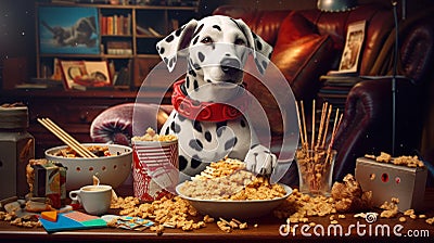 Dalmatian Dog at the Table messed up with Popcorn and Snacks is Watching Movies. Generative AI Stock Photo