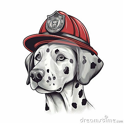 a dalmatian dog wearing a fireman's hat with a fireman's badge on it's forehead and a white background Stock Photo