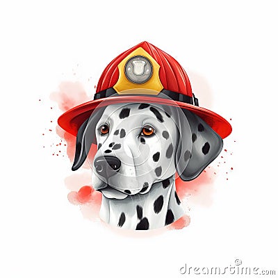 a dalmatian dog wearing a fireman's hat with a light on it's head and a spot on its forehead Stock Photo