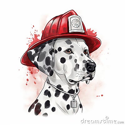 a dalmatian dog wearing a red fireman's hat with watercolor splashes on the back of its head and neck Stock Photo