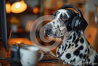 A Dalmatian with headphones watching a dog training tutorial on a computer eager to learn new tricks Stock Photo