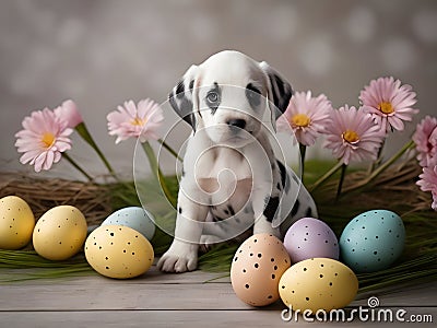 Dalmatian puppy and colorful Easter eggs Stock Photo