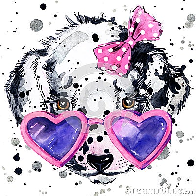 Dalmatian puppy dog T-shirt graphics. puppy dog illustration with splash watercolor textured background. unusual illustration wat Cartoon Illustration