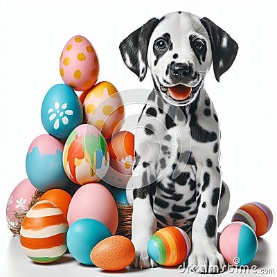 A Dalmatian puppy sits next to a pile of Easter eggs. Stock Photo