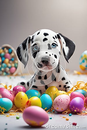 Dalmatian puppy sitting in a pile of colorful Easter eggs Stock Photo