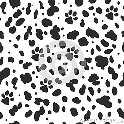 Dalmatian seamless pattern. Animal skin print. Dogs black dots and paw on white background. Vector Vector Illustration