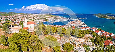 Dalmatian town of Tribunj church on hill and amazing turquoise archipelago aerial view Stock Photo