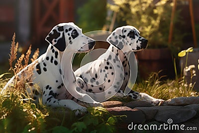 Dalmatians dogs garden sun. Generate Ai Stock Photo