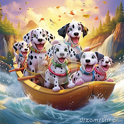 Dalmation puppies going whitewater rafting. Adorable Stock Photo