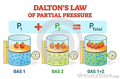 Dalton`s law, chemical physics example information poster with partial pressure law.Educational vector illustration. Vector Illustration