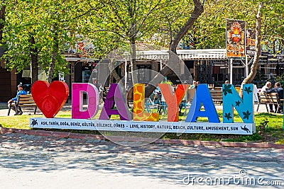 DALYAN, TURKEY: Huge multicolored letters of the name DALYAN and a heart at the entrance to a popular town in Turkey. Editorial Stock Photo
