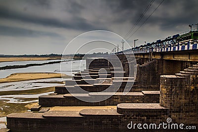 Dam barrage in durgapur city landscape with flood gates closed clowdy scene HDR Stock Photo