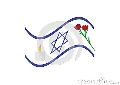 Israel Memoria lday design, Israel wavy flag, memorial candle and Red Green dam hamaccabim blood of the Maccabees flower Vector Illustration