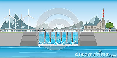 The dam and windmills between mountains. Vector Illustration
